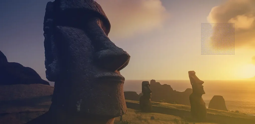 Stel je het vredige landschap van Rapa Nui voor, waar rapamycine ontdekt werd, met op de achtergrond de eeuwenoude Moai-beelden. Dit beeld symboliseert de verbinding van het mTOR pathway of pad met onderzoek naar levensduur en de zoektocht naar de rol van mTOR in het verouderingsproces.